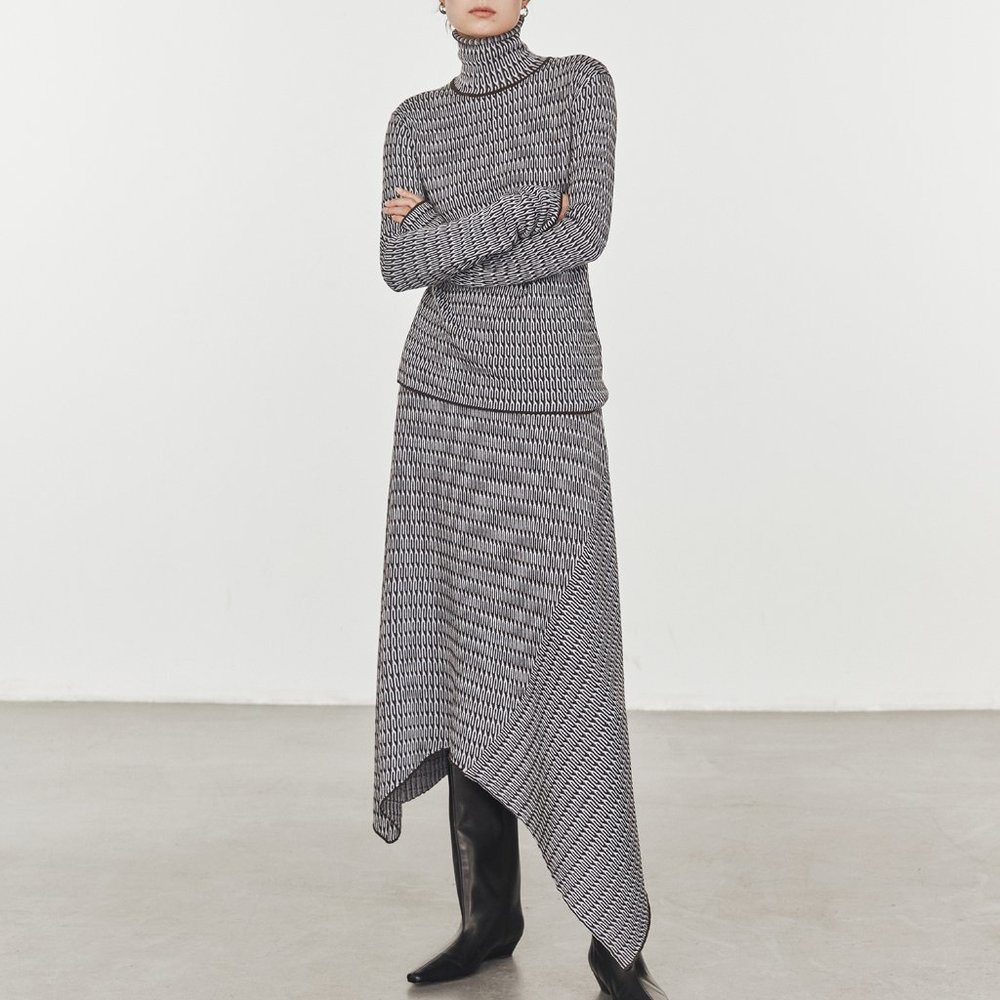 CHICJOC Women Italian SUPER 120S fine wool jacquard asymmetrical midi sk…